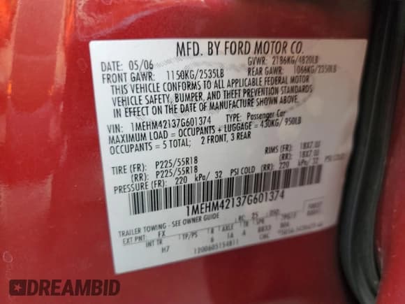 ✅ 2007 Mercury Montego Premier • VIN: 1MEHM42137G601374 • Lot: 64075095. Listed on Copart with 184,104 mi. Free auction sales archive from the USA and detailed vehicle history report at DreamBid. Image 12.