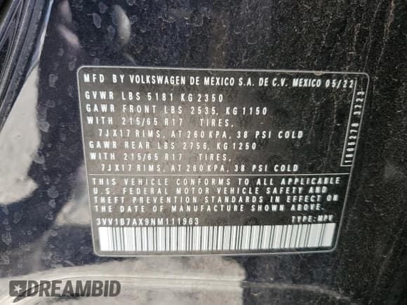 ✅ 2022 Volkswagen Tiguan S • VIN: 3VV1B7AX9NM111963 • Lot: 85392495. Listed on Copart with 26,214 mi. Free auction sales archive from the USA and detailed vehicle history report at DreamBid. Image 14.