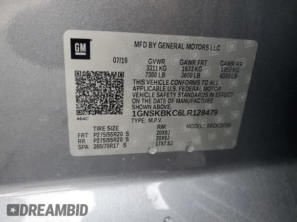 ✅ 2020 Chevrolet Tahoe LT • VIN: 1GNSKBKC6LR128479 • Lot: 60100225. Listed on Copart with 48,374 mi. Free auction sales archive from the USA and detailed vehicle history report at DreamBid. Image 13.