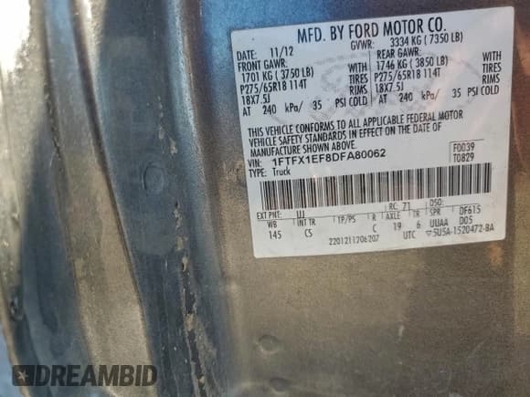 ✅ 2013 Ford F-150 XLT • VIN: 1FTFX1EF8DFA80062 • Lot: 95769685. Listed on Copart with 282,133 mi. Free auction sales archive from the USA and detailed vehicle history report at DreamBid. Image 12.