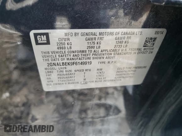 ✅ 2015 Chevrolet Equinox LT • VIN: 2GNALBEK9F6149919 • Лот: 91065765. Опубликован ранее на Copart с пробегом 96 353 миль. Бесплатный доступ к архиву аукционных продаж из США и подробный отчёт об истории автомобиля на DreamBid. Изображение 12.