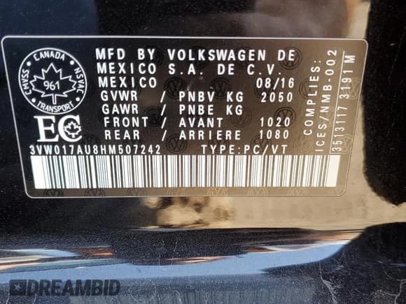 ✅ 2017 Volkswagen Golf S • VIN: 3VW017AU8HM507242 • Lot: 71098985. Wystawiony na Copart z przebiegiem 143 296 mil. Bezpłatny archiwum sprzedaży aukcyjnych z USA i szczegółowy raport historii pojazdu na DreamBid. Zdjęcie 12.