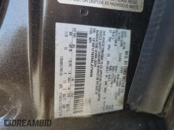 ✅ 2008 Ford Expedition Eddie Bauer • VIN: 1FMFU18558LA79899 • Lot: 84959615. Wystawiony na Copart z przebiegiem 268 749 mil. Bezpłatny archiwum sprzedaży aukcyjnych z USA i szczegółowy raport historii pojazdu na DreamBid. Zdjęcie 13.