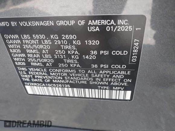 ✅ 2025 Volkswagen Atlas SE • VIN: 1V2KR2CA1SC526135 • Лот: 42706139. Опубликован ранее на IAAI с пробегом 2 706 миль. Бесплатный доступ к архиву аукционных продаж из США и подробный отчёт об истории автомобиля на DreamBid. Изображение 9.