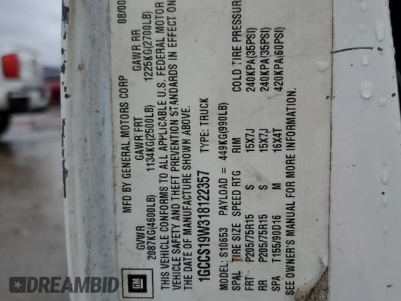 ✅ 2001 Chevrolet S-10 LS • VIN: 1GCCS19W318122357 • Лот: 87048924. Опубликован ранее на Copart с пробегом 154 043 миль. Бесплатный доступ к архиву аукционных продаж из США и подробный отчёт об истории автомобиля на DreamBid. Изображение 13.