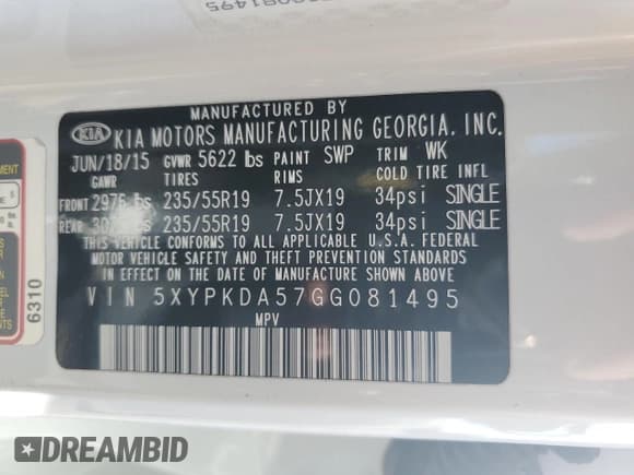 ✅ 2016 Kia Sorento SXL • VIN: 5XYPKDA57GG081495 • Lot: 90620835. Listed on Copart with 69,513 mi. Free auction sales archive from the USA and detailed vehicle history report at DreamBid. Image 13.