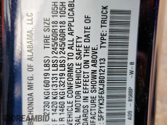 ✅ 2018 Honda Ridgeline RTL-T • VIN: 5FPYK3F6XJB012113 • Lot: 60040285. Listed on Copart with 50,956 mi. Free auction sales archive from the USA and detailed vehicle history report at DreamBid. Image 12.