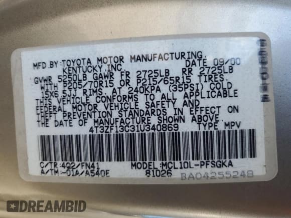 ✅ 2001 Toyota Sienna LE • VIN: 4T3ZF13C31U340869 • Lot: 62891485. Listed on Copart with 244,155 mi. Free auction sales archive from the USA and detailed vehicle history report at DreamBid. Image 14.