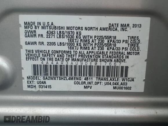 ✅ 2013 Mitsubishi Outlander ES • VIN: 4A4AR3AU9DE017667 • Lot: 80611935. Listed on Copart with 186,333 mi. Free auction sales archive from the USA and detailed vehicle history report at DreamBid. Image 13.