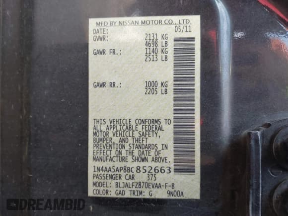 ✅ 2011 Nissan Maxima SV • VIN: 1N4AA5AP8BC852663 • Lot: 43268778. Wystawiony na IAAI z przebiegiem 187 570 mil. Bezpłatny archiwum sprzedaży aukcyjnych z USA i szczegółowy raport historii pojazdu na DreamBid. Zdjęcie 9.