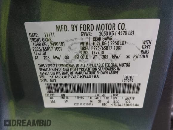 ✅ 2012 Ford Escape Limited • VIN: 1FMCU0EG2CKB40188 • Lot: 43770959. Listed on IAAI with 171,291 mi. Free auction sales archive from the USA and detailed vehicle history report at DreamBid. Image 9.