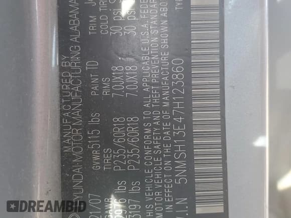 ✅ 2007 Hyundai Santa Fe SE • VIN: 5NMSH13E47H123860 • Lot: 79064394. Listed on Copart with 196,170 mi. Free auction sales archive from the USA and detailed vehicle history report at DreamBid. Image 14.