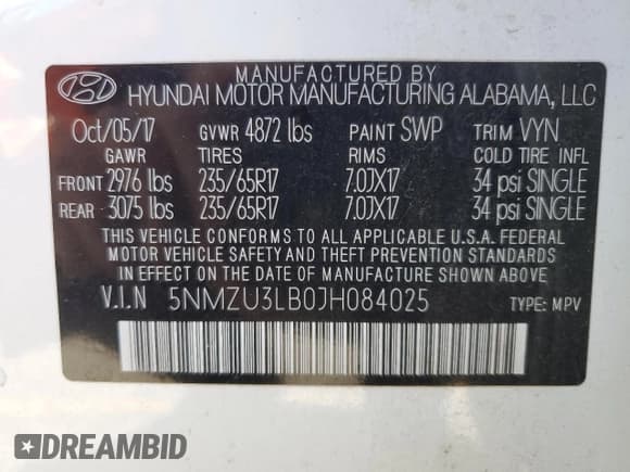 ✅ 2018 Hyundai Santa Fe 2.4L • VIN: 5NMZU3LB0JH084025 • Лот: 47333714. Опубликован ранее на Copart с пробегом 73 213 миль. Бесплатный доступ к архиву аукционных продаж из США и подробный отчёт об истории автомобиля на DreamBid. Изображение 13.