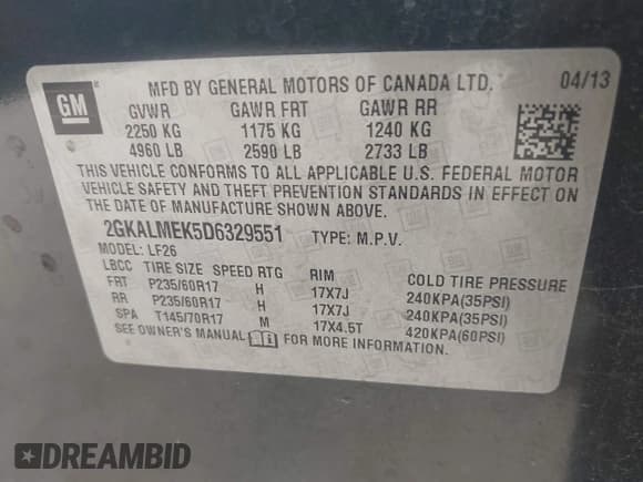 ✅ 2013 GMC Terrain SLE • VIN: 2GKALMEK5D6329551 • Лот: 42406472. Опубликован ранее на IAAI с пробегом 110 385 миль. Бесплатный доступ к архиву аукционных продаж из США и подробный отчёт об истории автомобиля на DreamBid. Изображение 9.