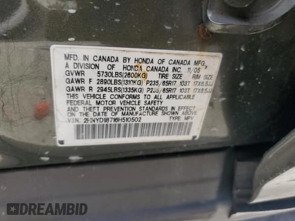 ✅ 2006 Acura MDX Touring RES • VIN: 2HNYD18716H510502 • Lot: 68426075. Listed on Copart with 217,936 mi. Free auction sales archive from the USA and detailed vehicle history report at DreamBid. Image 13.