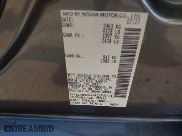 ✅ 2022 Nissan Altima SV • VIN: 1N4BL4DV8NN407691 • Lot: 42877346. Listed on IAAI with 53,911 mi. Free auction sales archive from the USA and detailed vehicle history report at DreamBid. Image 9.
