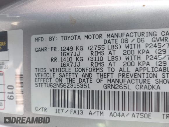 ✅ 2006 Toyota Tacoma PreRunner • VIN: 5TETU62N56Z315351 • Lot: 43126551. Listed on IAAI with 232,889 mi. Free auction sales archive from the USA and detailed vehicle history report at DreamBid. Image 9.