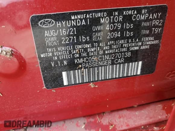 2022 Hyundai Ioniq Limited с VIN KMHC05LC1NU270138, выставлен на аукционе Copart как лот 72377504 с пробегом Не указан миль и Списание • Salvage title. История ставок и продаж доступна на DreamBid. Изображение 14.