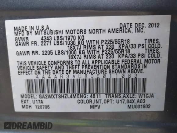 2013 Mitsubishi Outlander ES z VIN 4A4AR3AU8DE011083, wystawiony jako IAAI lot #43124485 z przebiegiem 90 264 mil mil oraz . Historia ofert i sprzedaży dostępna na DreamBid. Obrazek 9.