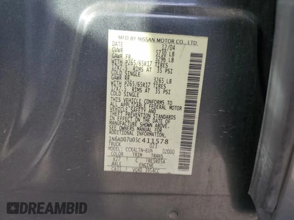 ✅ 2005 Nissan Frontier SE • VIN: 1N6AD07U05C411578 • Lot: 92063285. Wystawiony na Copart z przebiegiem 157 379 mil. Bezpłatny archiwum sprzedaży aukcyjnych z USA i szczegółowy raport historii pojazdu na DreamBid. Zdjęcie 12.