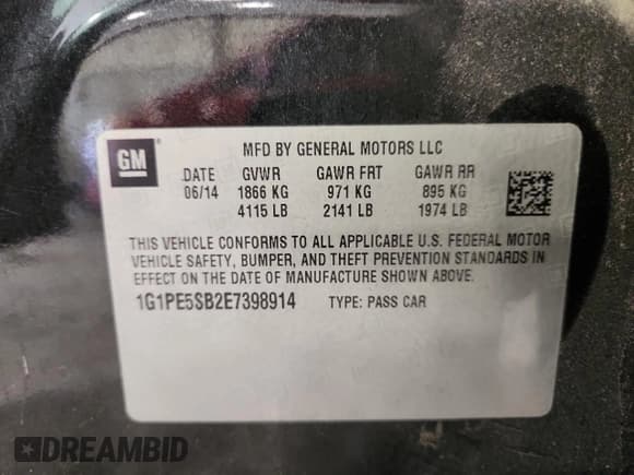 ✅ 2014 Chevrolet Cruze 2LT • VIN: 1G1PE5SB2E7398914 • Lot: 86634495. Listed on Copart with 173,118 mi. Free auction sales archive from the USA and detailed vehicle history report at DreamBid. Image 12.