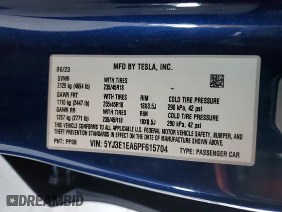 ✅ 2023 Tesla Model 3 • VIN: 5YJ3E1EA6PF615704 • Lot: 57164405. Wystawiony na Copart z przebiegiem 15 359 mil. Bezpłatny archiwum sprzedaży aukcyjnych z USA i szczegółowy raport historii pojazdu na DreamBid. Zdjęcie 12.