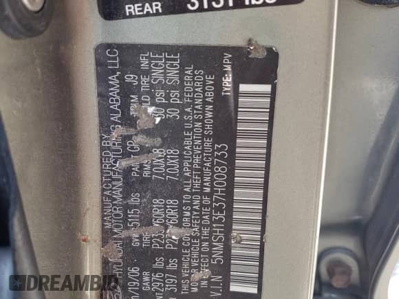 2007 Hyundai Santa Fe SE with VIN 5NMSH13E37H008733, listed as a Copart auction lot 68768044 with 158,137 mi miles and Clean title. Bid and sale history available at DreamBid. Image 13.