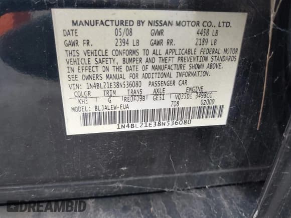 ✅ 2008 Nissan Altima SE • VIN: 1N4BL21E38N536080 • Lot: 42889816. Wystawiony na IAAI z przebiegiem 178 909 mil. Bezpłatny archiwum sprzedaży aukcyjnych z USA i szczegółowy raport historii pojazdu na DreamBid. Zdjęcie 9.