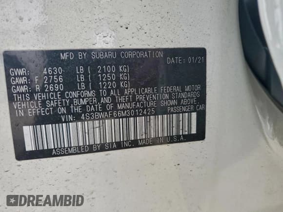 ✅ 2021 Subaru Legacy Premium • VIN: 4S3BWAF66M3012425 • Lot: 94915705. Listed on Copart with 54,505 mi. Free auction sales archive from the USA and detailed vehicle history report at DreamBid. Image 13.