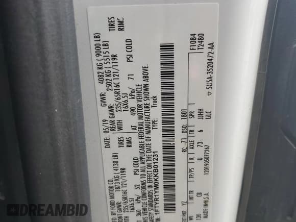 ✅ 2019 Ford Transit • VIN: 1FTYR1YM0KKB01231 • Лот: 70478645. Опубликован ранее на Copart с пробегом Не указан. Бесплатный доступ к архиву аукционных продаж из США и подробный отчёт об истории автомобиля на DreamBid. Изображение 13.