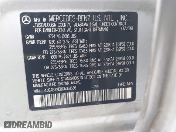 ✅ 1999 Mercedes-Benz M 320/430/500 • VIN: 4JGAB72E8XA051536 • Lot: 43200830. Listed on IAAI with 128,244 mi. Free auction sales archive from the USA and detailed vehicle history report at DreamBid. Image 9.