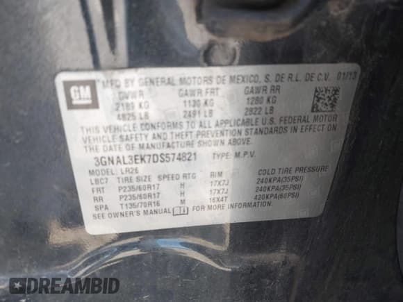 ✅ 2013 Chevrolet Captiva Sport LT • VIN: 3GNAL3EK7DS574821 • Lot: 42295328. Wystawiony na IAAI z przebiegiem 132 589 mil. Bezpłatny archiwum sprzedaży aukcyjnych z USA i szczegółowy raport historii pojazdu na DreamBid. Zdjęcie 9.