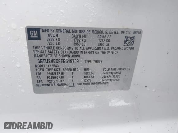 ✅ 2015 GMC Sierra 1500 SLT • VIN: 3GTU2VEC9FG519709 • Lot: 42204836. Listed on IAAI with 108,075 mi. Free auction sales archive from the USA and detailed vehicle history report at DreamBid. Image 9.