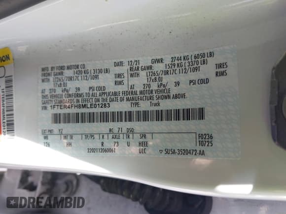 ✅ 2021 Ford Ranger XL • VIN: 1FTER4FH8MLE01283 • Lot: 41698312. Listed on IAAI with 42,781 mi. Free auction sales archive from the USA and detailed vehicle history report at DreamBid. Image 9.