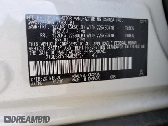 ✅ 2021 Toyota RAV4 Hybrid XSE • VIN: 2T3E6RFV3MW028727 • Lot: 55866995. Listed on Copart with 75,935 mi. Free auction sales archive from the USA and detailed vehicle history report at DreamBid. Image 13.