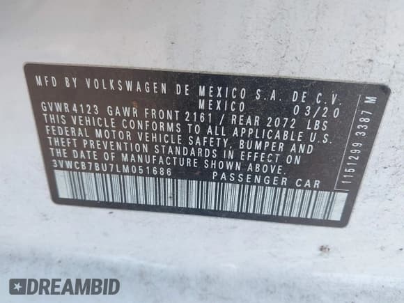 ✅ 2020 Volkswagen Jetta S • VIN: 3VWCB7BU7LM051686 • Lot: 42417724. Listed on IAAI with 69,774 mi. Free auction sales archive from the USA and detailed vehicle history report at DreamBid. Image 9.