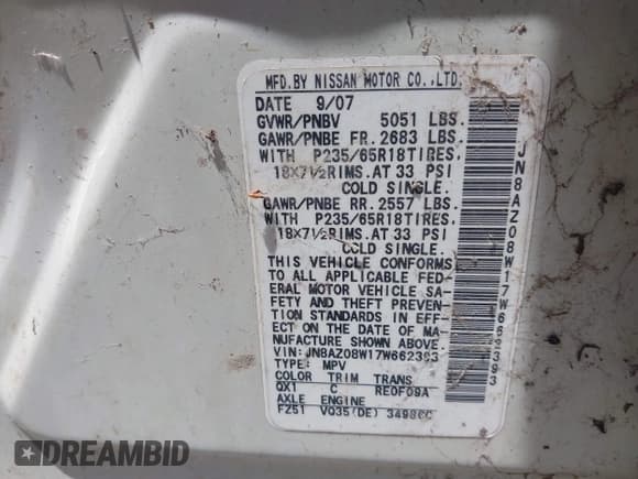 ✅ 2007 Nissan Murano SL • VIN: JN8AZ08W17W662393 • Lot: 42642631. Listed on IAAI with Not provided. Free auction sales archive from the USA and detailed vehicle history report at DreamBid. Image 9.