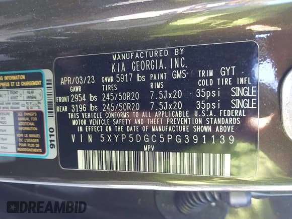 ✅ 2023 Kia Telluride SX • VIN: 5XYP5DGC5PG391139 • Lot: 43376099. Listed on IAAI with 39,790 mi. Free auction sales archive from the USA and detailed vehicle history report at DreamBid. Image 9.