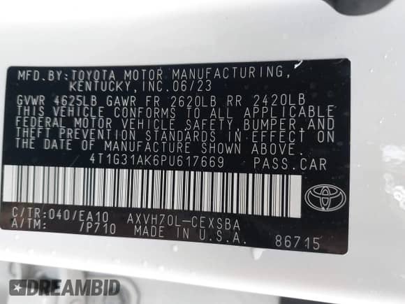 2023 Toyota Camry Hybrid SE с VIN 4T1G31AK6PU617669, выставлен на аукционе IAAI как лот 43400439 с пробегом 38 701 миль миль и . История ставок и продаж доступна на DreamBid. Изображение 9.