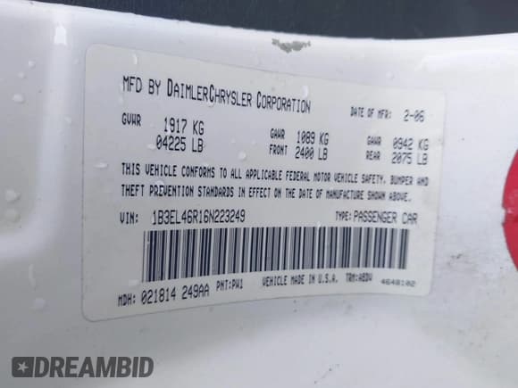 ✅ 2006 Dodge Stratus SXT • VIN: 1B3EL46R16N223249 • Lot: 43521991. Listed on IAAI with 170,379 mi. Free auction sales archive from the USA and detailed vehicle history report at DreamBid. Image 9.