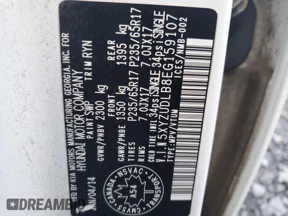 ✅ 2014 Hyundai Santa Fe • VIN: 5XYZUDLB8EG159107 • Lot: 89474465. Listed on Copart with 135,472 mi. Free auction sales archive from the USA and detailed vehicle history report at DreamBid. Image 14.