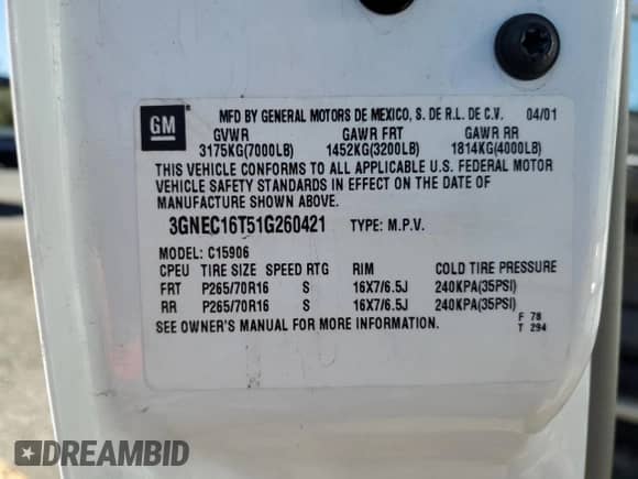 ✅ 2001 Chevrolet Suburban LT • VIN: 3GNEC16T51G260421 • Lot: 85195385. Listed on Copart with 152,901 mi. Free auction sales archive from the USA and detailed vehicle history report at DreamBid. Image 13.