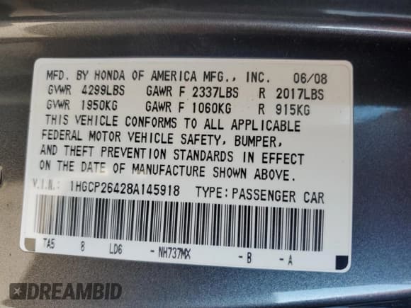✅ 2008 Honda Accord LX-P • VIN: 1HGCP26428A145918 • Lot: 69980525. Wystawiony na Copart z przebiegiem 162 311 mil. Bezpłatny archiwum sprzedaży aukcyjnych z USA i szczegółowy raport historii pojazdu na DreamBid. Zdjęcie 13.