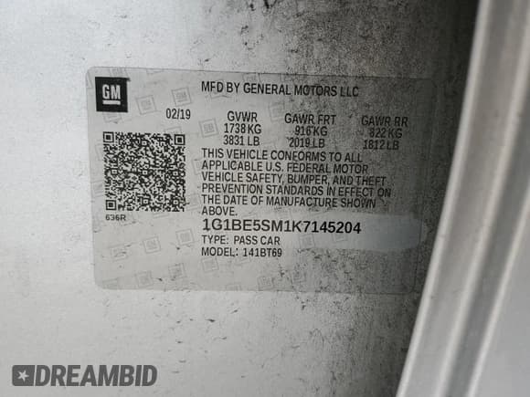 ✅ 2019 Chevrolet Cruze LT • VIN: 1G1BE5SM1K7145204 • Лот: 44870023. Опубликован ранее на Copart с пробегом Не указан. Бесплатный доступ к архиву аукционных продаж из США и подробный отчёт об истории автомобиля на DreamBid. Изображение 12.