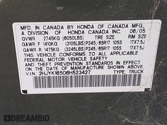 ✅ 2006 Honda Ridgeline RTL • VIN: 2HJYK16506H523427 • Lot: 43669367. Listed on IAAI with Not provided. Free auction sales archive from the USA and detailed vehicle history report at DreamBid. Image 9.