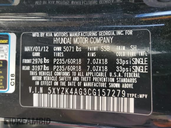 ✅ 2012 Hyundai Santa Fe Limited • VIN: 5XYZK4AG3CG157279 • Lot: 76894754. Listed on Copart with 127,061 mi. Free auction sales archive from the USA and detailed vehicle history report at DreamBid. Image 13.