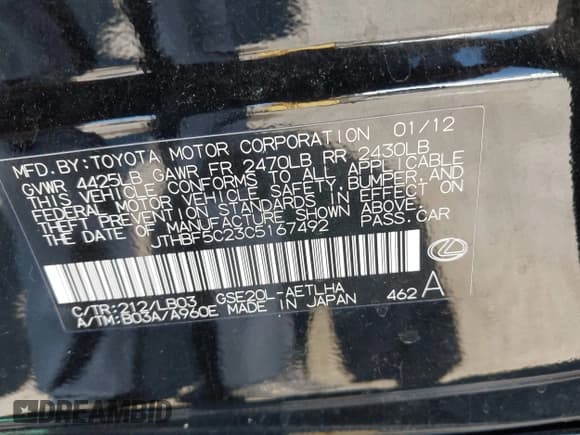 ✅ 2012 Lexus IS 250 • VIN: JTHBF5C23C5167492 • Lot: 42990688. Listed on IAAI with 112,052 mi. Free auction sales archive from the USA and detailed vehicle history report at DreamBid. Image 9.