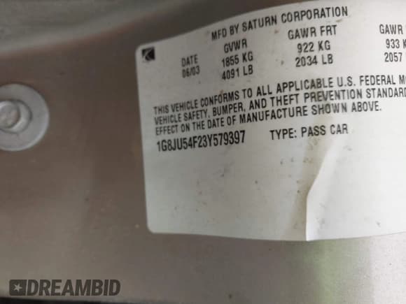 ✅ 2003 Saturn LS • VIN: 1G8JU54F23Y579397 • Lot: 43062943. Listed on IAAI with 184,144 mi. Free auction sales archive from the USA and detailed vehicle history report at DreamBid. Image 9.