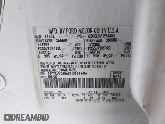 ✅ 2003 Ford F-150 XLT • VIN: 1FTRW08663KB61606 • Lot: 42292658. Listed on IAAI with 263,343 mi. Free auction sales archive from the USA and detailed vehicle history report at DreamBid. Image 9.