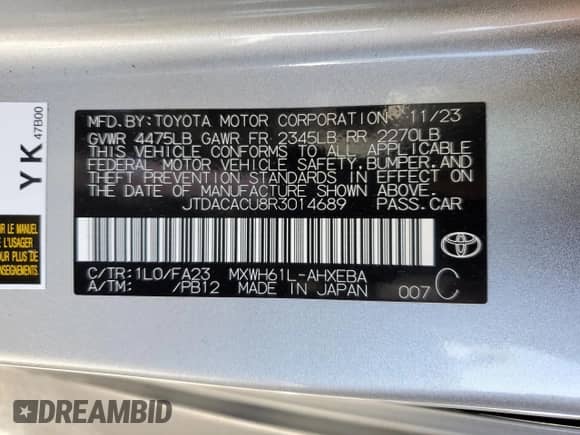 2024 Toyota Prius SE с VIN JTDACACU8R3014689, выставлен на аукционе Copart как лот 85173005 с пробегом 30 579 миль миль и Списание • Salvage title. История ставок и продаж доступна на DreamBid. Изображение 12.